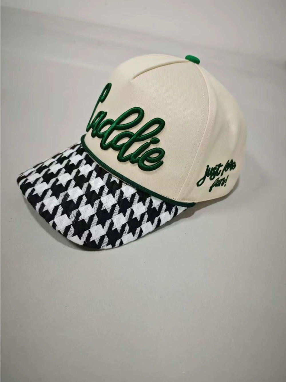 Kids Cream and Black Houndstooth Cap with Green Script